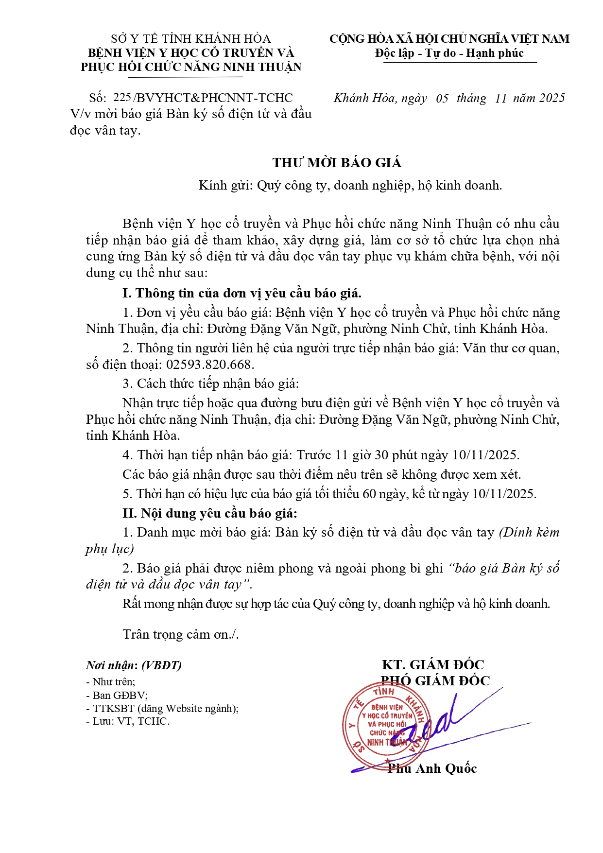 V/v mời báo giá Bàn ký số điện tử và đầu đọc vân tay